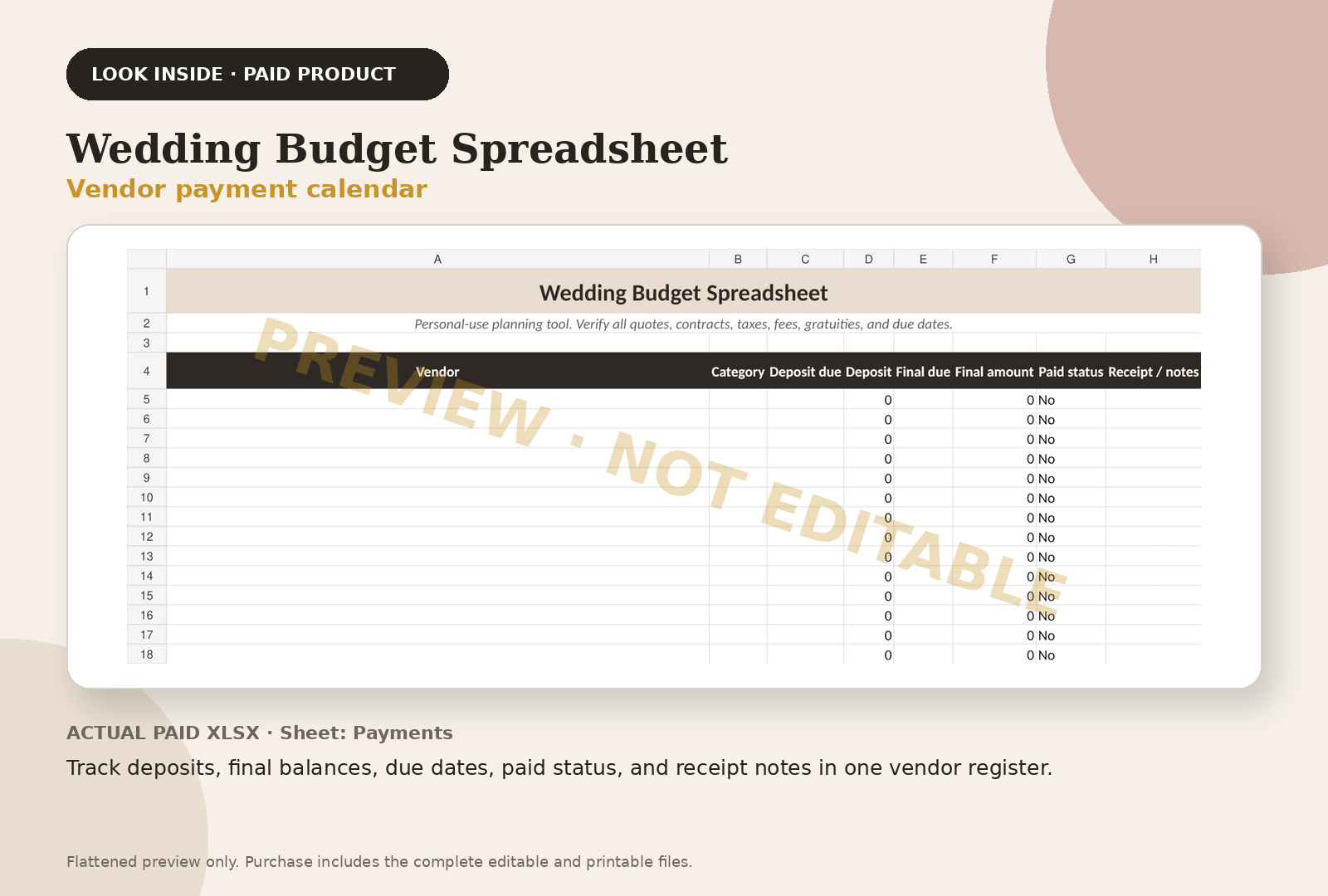 Wedding Budget Spreadsheet paid product preview showing vendor payment calendar