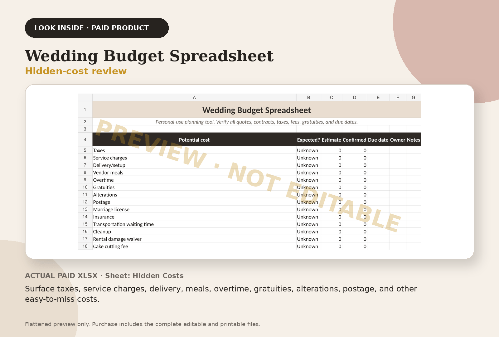 Wedding Budget Spreadsheet paid product preview showing hidden-cost review
